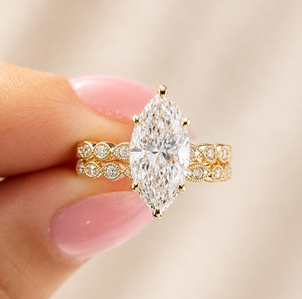 3.43 Carat Yellow Gold Marquise Cut Diamond Engagement Ring & Band Bridal Set